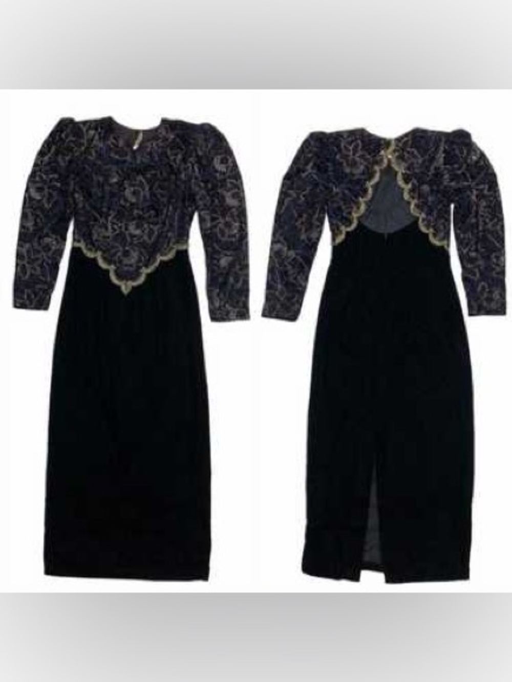 Scott McClintock Black Velvet Midi Skirt, Lace Bodice. Back slit. 90’s vintage